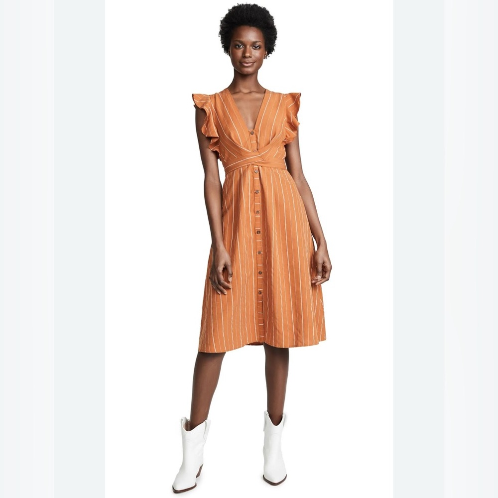 ASTR THE LABEL LINEN Blend Saturate Dress Midi Button Down Papaya Stripe Size XS